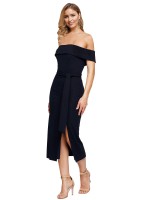 Fitted Short Midi Length Off the Shoulder Crepe Homecoming Dress Canada with Side Split and Waist Tie