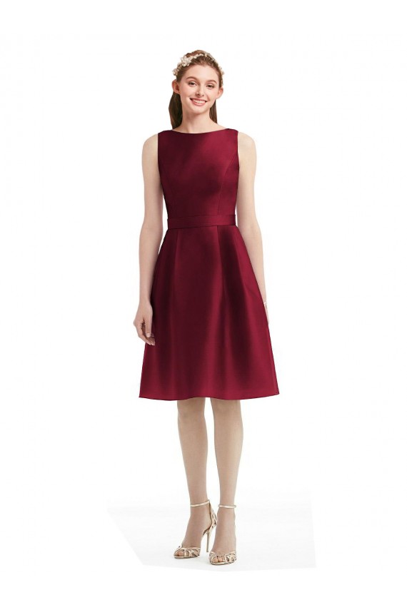 Short Midi Length Satin Homecoming Dress with Bateau Neckline and V-Back Canada