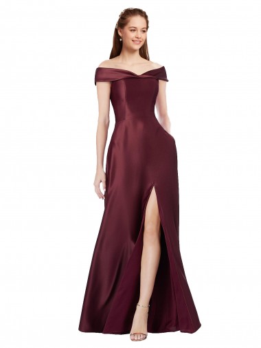 Long Off the Shoulder Satin Homecoming Dress with Thigh-high Slit Canada
