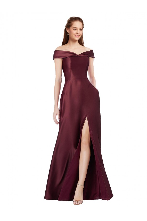 Long Off the Shoulder Satin Homecoming Dress with Thigh-high Slit Canada