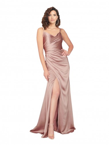 Floor Length Silky Satin Homecoming Dress with Front Skirt Slit Canada
