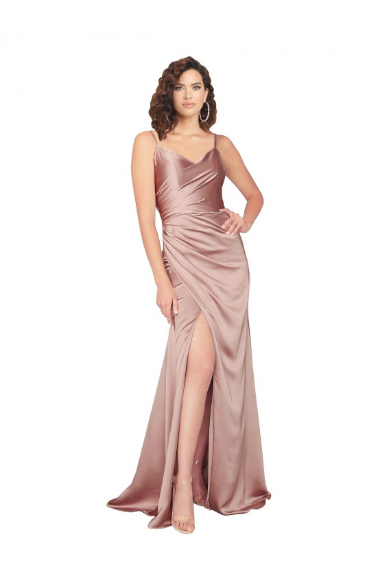 Floor Length Silky Satin Homecoming Dress with Front Skirt Slit Canada