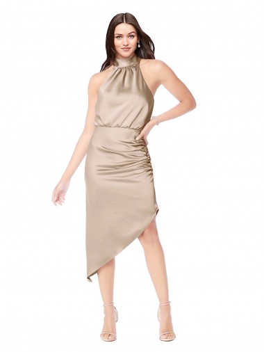 Silky Satin High Low Midi Length Homecoming Dress with Asymmetric Skirt Canada