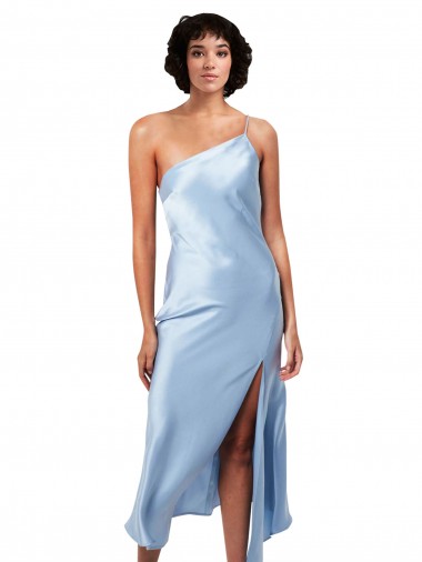 Midi Length Short Silky Satin Homecoming Dress with Asymmetric Neckline and High Side Split Canada