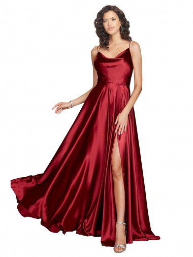 Cowl Neckline Long Silky Satin Homecoming Dress with Spaghetti Straps Canada