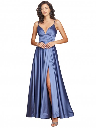 Deep V-Neck Sweetheart Long Silky Satin Homecoming Dress with Thigh High Slit Canada
