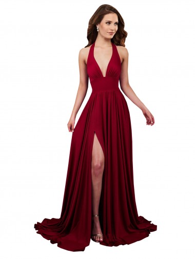 Plunge V-Neckline A-Line Halter Open Back Spandex Homecoming Dress with Slit Canada