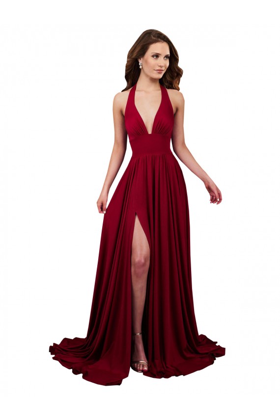 Plunge V-Neckline A-Line Halter Open Back Spandex Homecoming Dress with Slit Canada