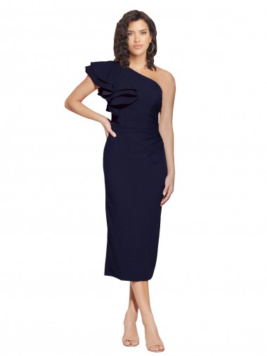 Ruched Midi Length Short Crepe Homecoming Dress with Shoulder Ruffles Canada