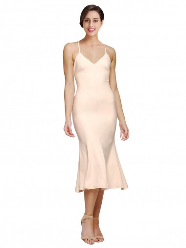 Midi Length V-Neckline Crepe Homecoming Dress with Thin Straps and Fulted Skirt Canada