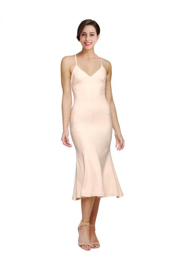 Midi Length V-Neckline Crepe Homecoming Dress with Thin Straps and Fulted Skirt Canada