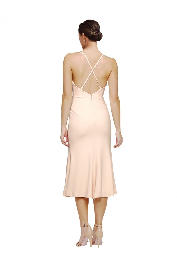 Midi Length V-Neckline Crepe Homecoming Dress with Thin Straps and Fulted Skirt Canada