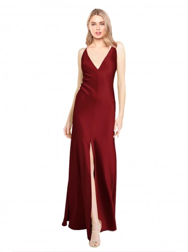 Stretch Satin Floor Length Deep V-Back Homecoming Dress with Front Slit Canada