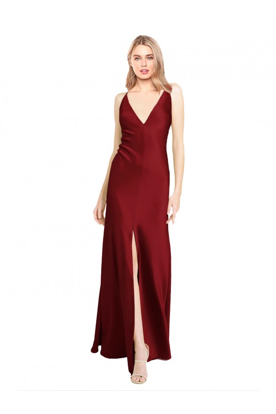 Stretch Satin Floor Length Deep V-Back Homecoming Dress with Front Slit Canada