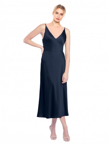 V-Neck Midi Length Short Stretch Satin Homecoming Dress V-Back Canada