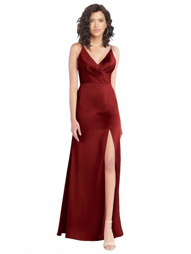Faux Surplice Neckline Long Slim A-Line Stretch Satin Homecoming Dress Canada