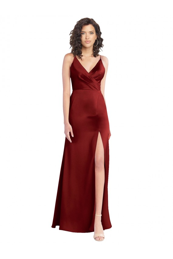 Faux Surplice Neckline Long Slim A-Line Stretch Satin Homecoming Dress Canada