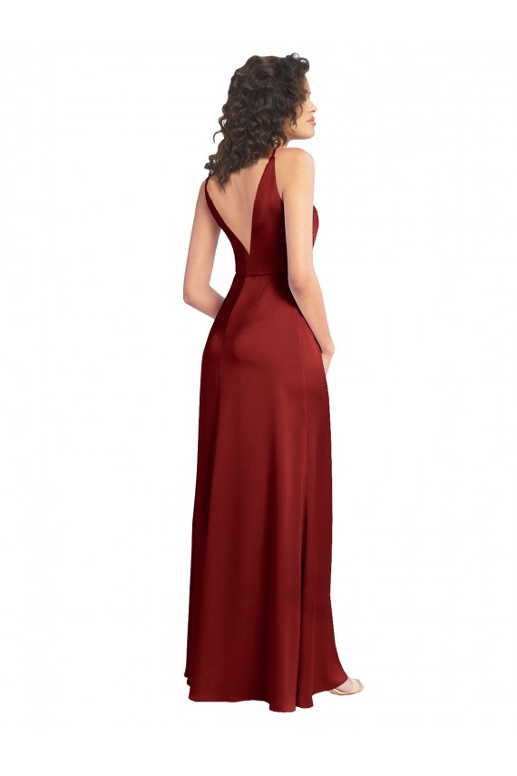 Faux Surplice Neckline Long Slim A-Line Stretch Satin Homecoming Dress Canada