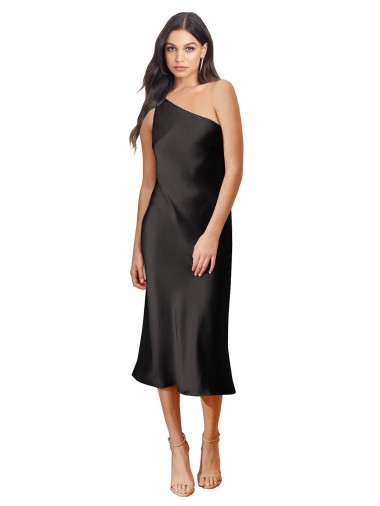 Sleek One Shoulder Midi Length Short Stretch Satin Slip Homecoming Dress Canada