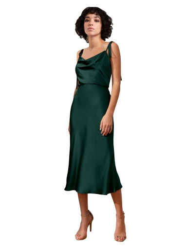 Spaghetti Straps Tie Shoulders Cowl Neck Short Midi Length Stretch Satin Homecoming Dress Canada