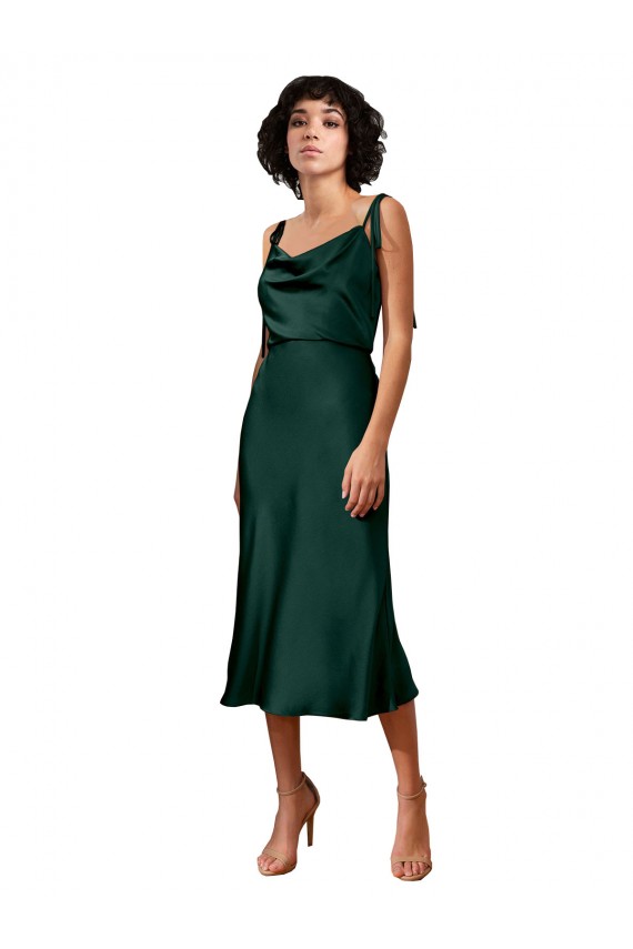 Spaghetti Straps Tie Shoulders Cowl Neck Short Midi Length Stretch Satin Homecoming Dress Canada