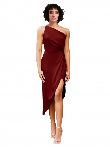 One Shoulder Midi Length Short Stretch Satin Wrap Style Homecoming Dress Canada