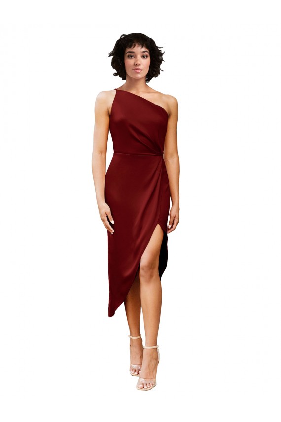 One Shoulder Midi Length Short Stretch Satin Wrap Style Homecoming Dress Canada