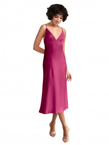 Midi Length V-Neck Short Stretch Satin Homecoming Dress with Low Scoop Back Canada