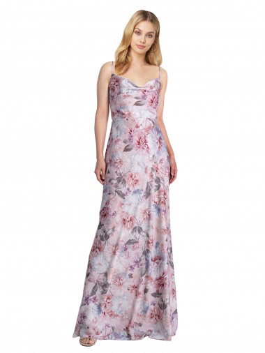 Draped Cowl Neck Long Floral Printed Formal Stretch Satin Homecoming Dress Canada