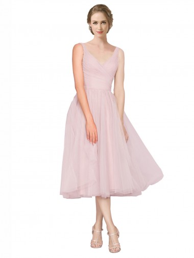 Short Tea Length Wide Strap Plunge Cross Over Neckline Tulle Homecoming Dress Canada