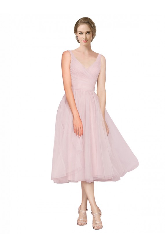 Short Tea Length Wide Strap Plunge Cross Over Neckline Tulle Homecoming Dress Canada