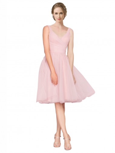 Short Knee Length Wide Strap Plunge Cross Over Neckline Tulle Homecoming Dress Canada