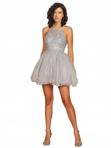 Halter Neckline Criss Cross Back Short Homecoming Dress with Beaded Lace Bodice Canada