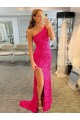 One Shoulder Sleeveless Long Velvet Sequin Homecoming Dress with High Slit Canada