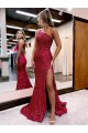 Mermaid One Shoulder Sleeveless Long Sweep Train Velvet Sequin Homecoming Dress with High Slit Canada