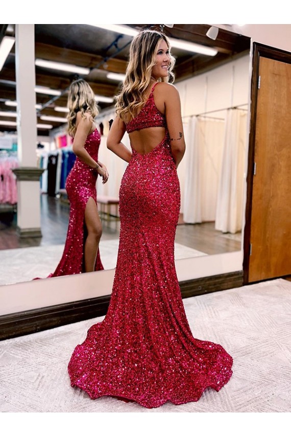 Mermaid One Shoulder Sleeveless Long Sweep Train Velvet Sequin Homecoming Dress with High Slit Canada