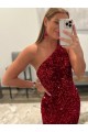 Open Back One Shoulder Sleeveless Long Sweep Train Velvet Sequin Homecoming Dress Canada