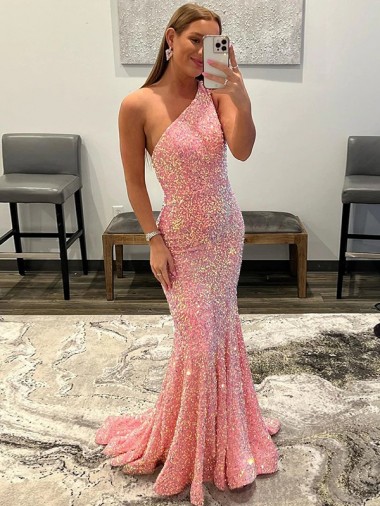 Open Back One Shoulder Sleeveless Long Sweep Train Velvet Sequin Homecoming Dress Canada