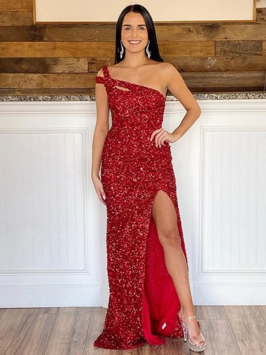 One Shoulder Sleeveless Long Sweep Train Velvet Sequin Homecoming Dress Canada