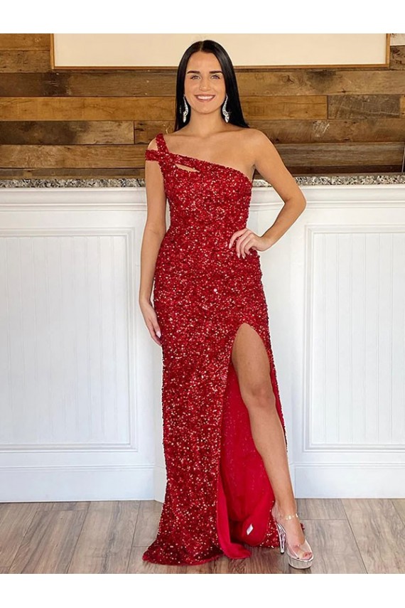 One Shoulder Sleeveless Long Sweep Train Velvet Sequin Homecoming Dress Canada
