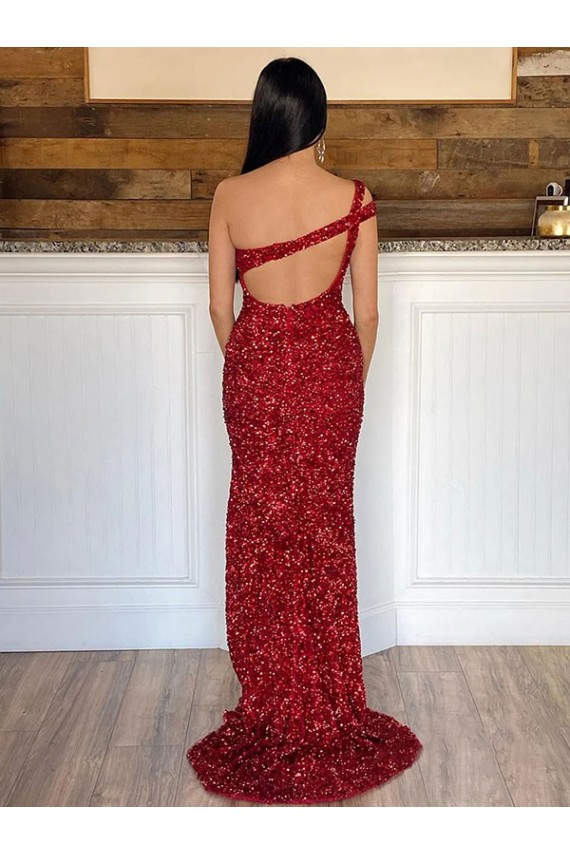 One Shoulder Sleeveless Long Sweep Train Velvet Sequin Homecoming Dress Canada