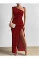 One Shoulder Sleeveless Long Floor Length Velvet Sequin Homecoming Dress with Slit Canada