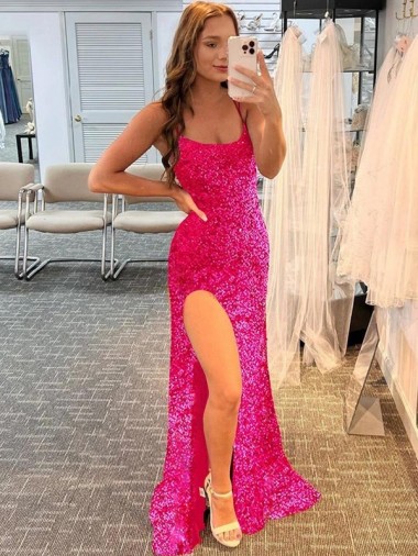 Spaghetti Straps Sleeveless Long Velvet Sequin Homecoming Dress with Slit and Criss Cross Open Back Canada
