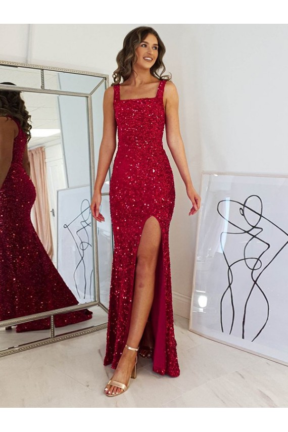 Square Neck Sleeveless Long Velvet Sequin Homecoming Dress with Slit Canada