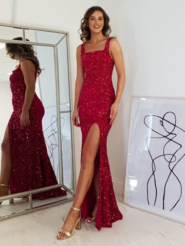 Square Neck Sleeveless Long Velvet Sequin Homecoming Dress with Slit Canada