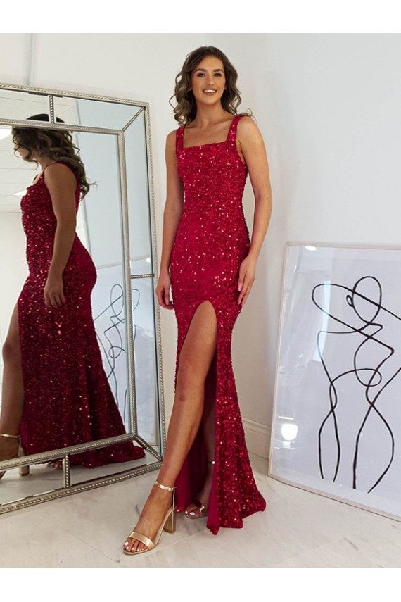 Square Neck Sleeveless Long Velvet Sequin Homecoming Dress with Slit Canada