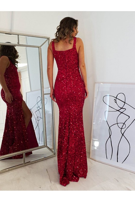 Square Neck Sleeveless Long Velvet Sequin Homecoming Dress with Slit Canada