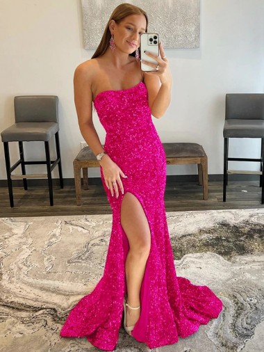 Strapless Sleeveless Long Sweep Train Velvet Sequin Homecoming Dress with Side Slit Canada
