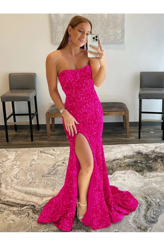 Strapless Sleeveless Long Sweep Train Velvet Sequin Homecoming Dress with Side Slit Canada