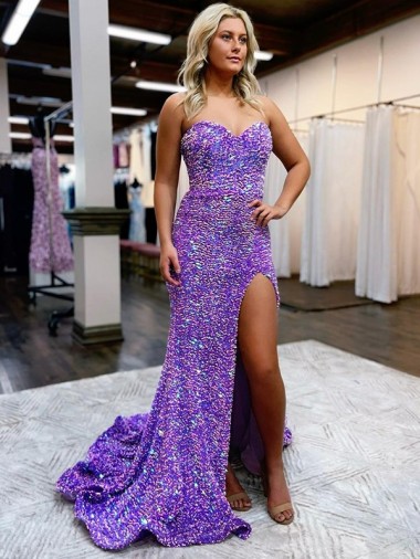 A-Line Sweetheart Sleeveless Long Velvet Sequin Homecoming Dress with Slit Canada